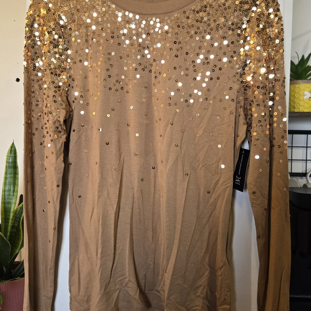 INC International Concepts Camel Sequin-Embellished Knit Top